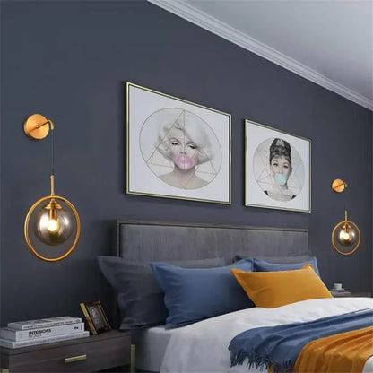 Retro brass and amber glass ball wall lamp bathroom sconce