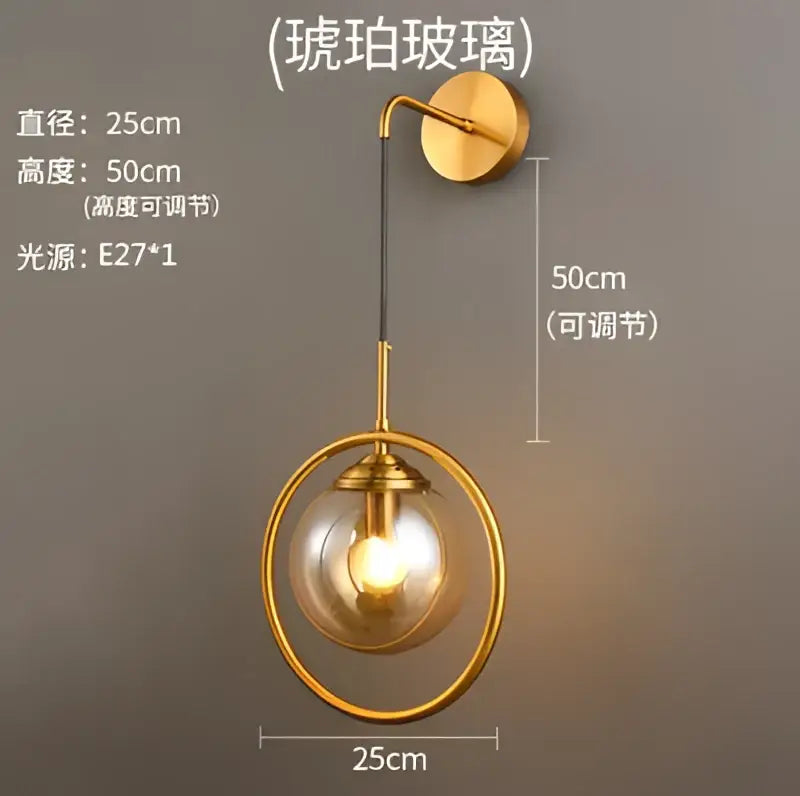 Retro brass and amber glass ball wall lamp bathroom sconce