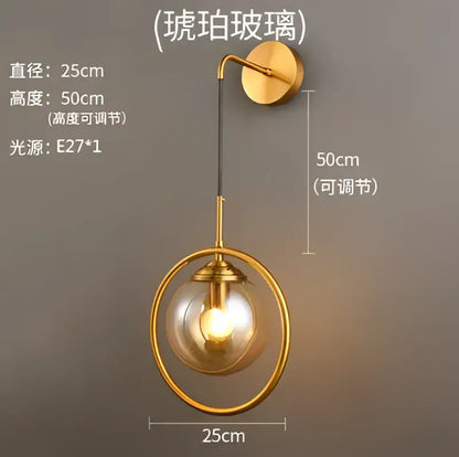 Retro brass and amber glass ball wall lamp bathroom sconce