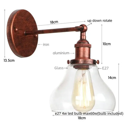 Retro brass and glass wall sconce bedroom gold led wall light