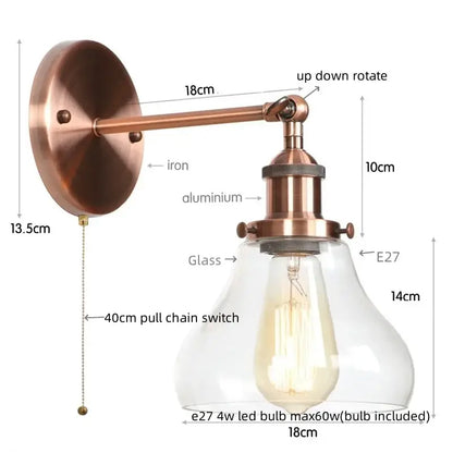 Retro brass and glass wall sconce bedroom gold led wall light