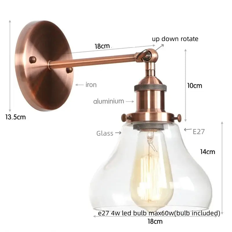 Retro brass and glass wall sconce bedroom gold led wall light
