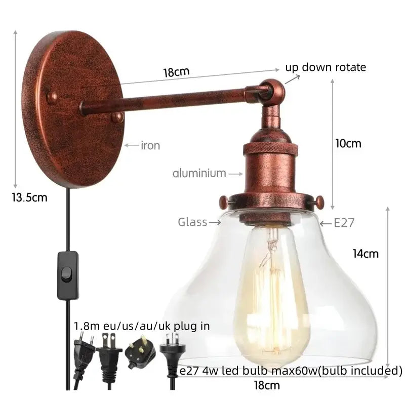 Retro brass and glass wall sconce bedroom gold led wall light