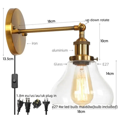 Retro brass and glass wall sconce bedroom gold led wall light