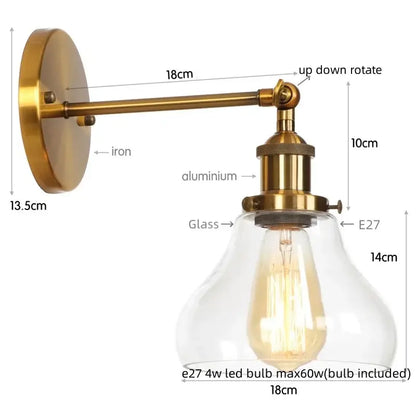 Retro brass and glass wall sconce bedroom gold led wall light