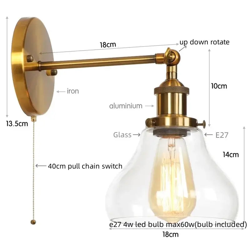 Retro brass and glass wall sconce bedroom gold led wall light