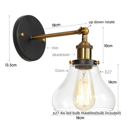 Retro brass and glass wall sconce bedroom gold led wall light