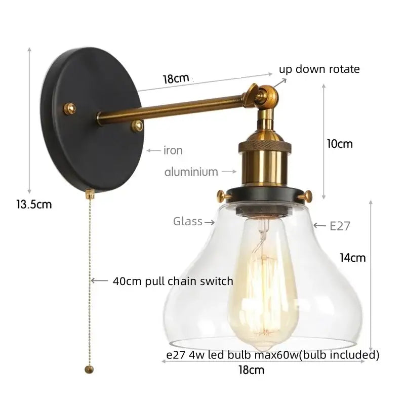 Retro brass and glass wall sconce bedroom gold led wall light