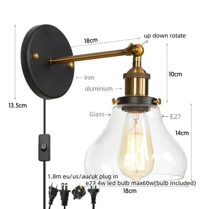 Retro brass and glass wall sconce bedroom gold led wall light