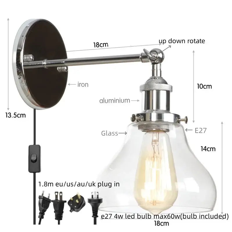 Retro brass and glass wall sconce bedroom gold led wall light