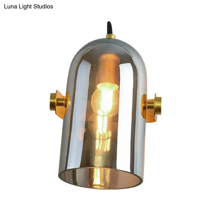 Retro brass cloche sconce light with blue glass for bedroom