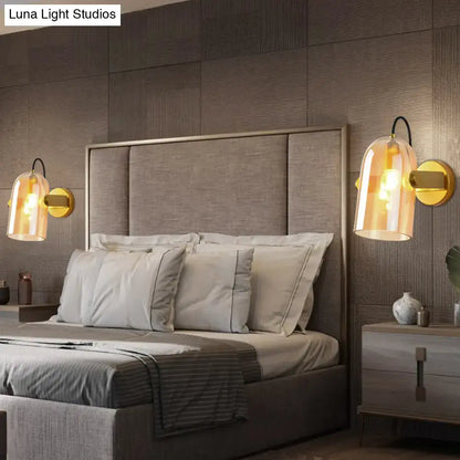 Retro brass cloche sconce light with blue glass for bedroom