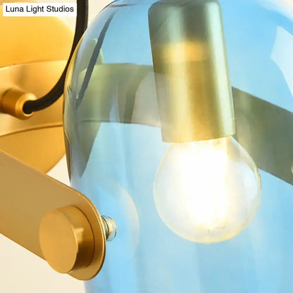 Retro brass cloche sconce light with blue glass for bedroom