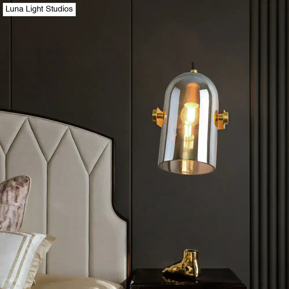 Retro brass cloche sconce light with blue glass for bedroom