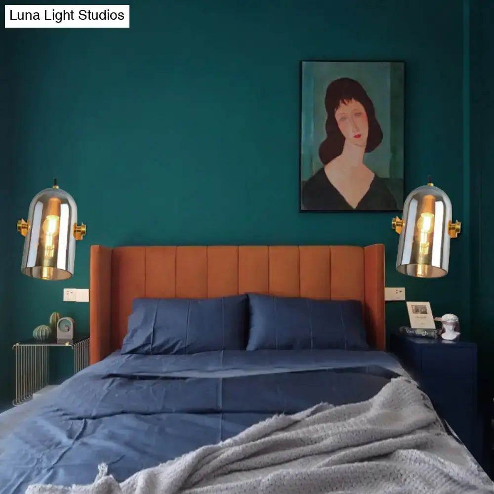 Retro brass cloche sconce light with blue glass for bedroom
