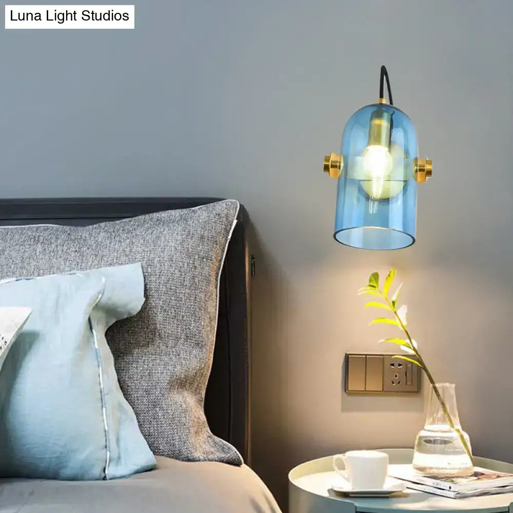 Retro brass cloche sconce light with blue glass for bedroom
