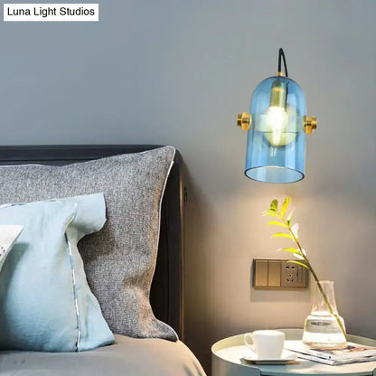 Retro brass cloche sconce light with blue glass for bedroom