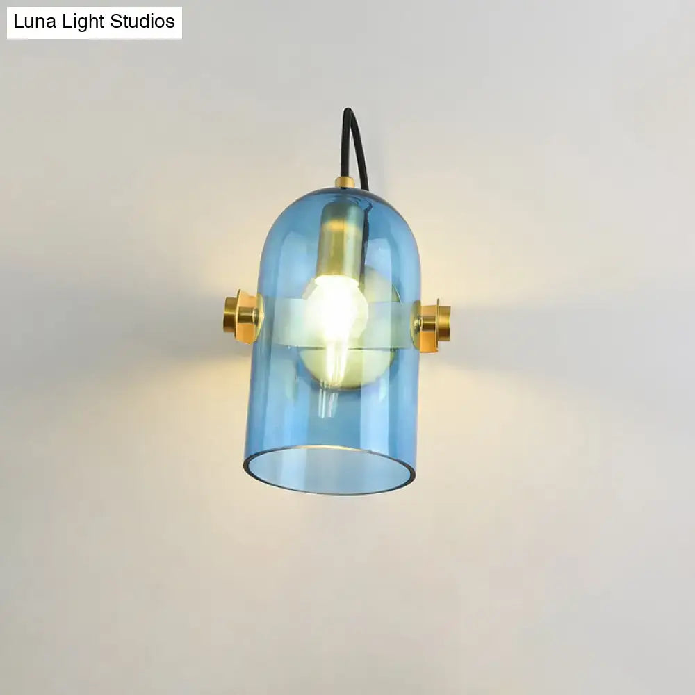 Retro brass cloche sconce light with blue glass for bedroom