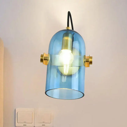 Retro brass cloche sconce light with blue glass for bedroom