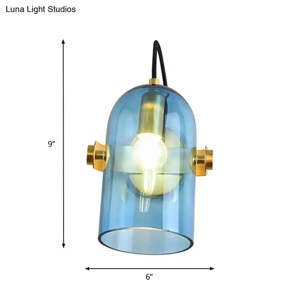 Retro brass cloche sconce light with blue glass for bedroom