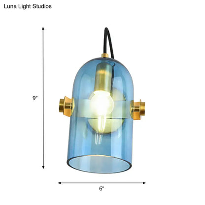 Retro brass cloche sconce light with blue glass for bedroom