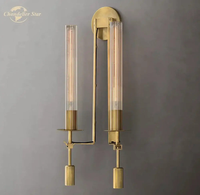 Retro brass glass double sconce wall light living room led fixture