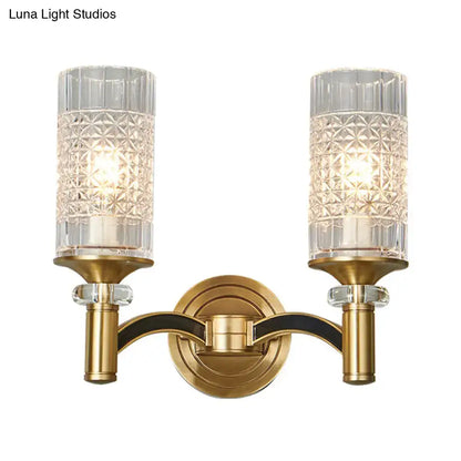 Retro brass gridded crystal wall light living room sconce