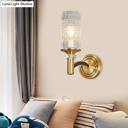 Retro brass gridded crystal wall light living room sconce