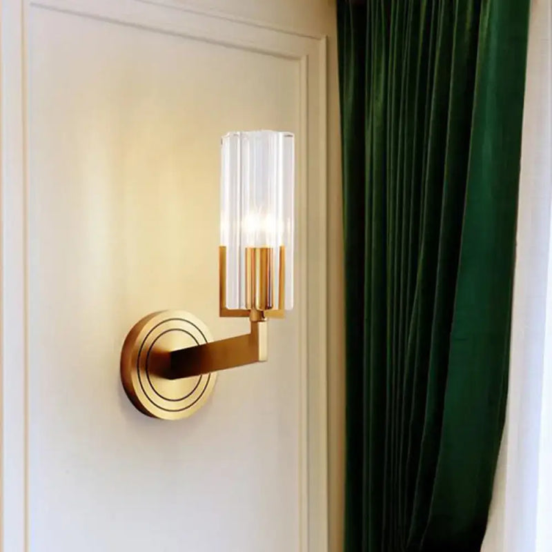 Retro brass ribbed glass wall lamp living room sconce