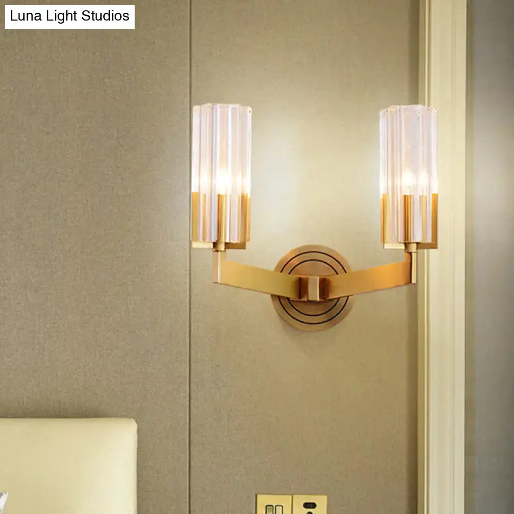 Retro brass ribbed glass wall lamp living room sconce