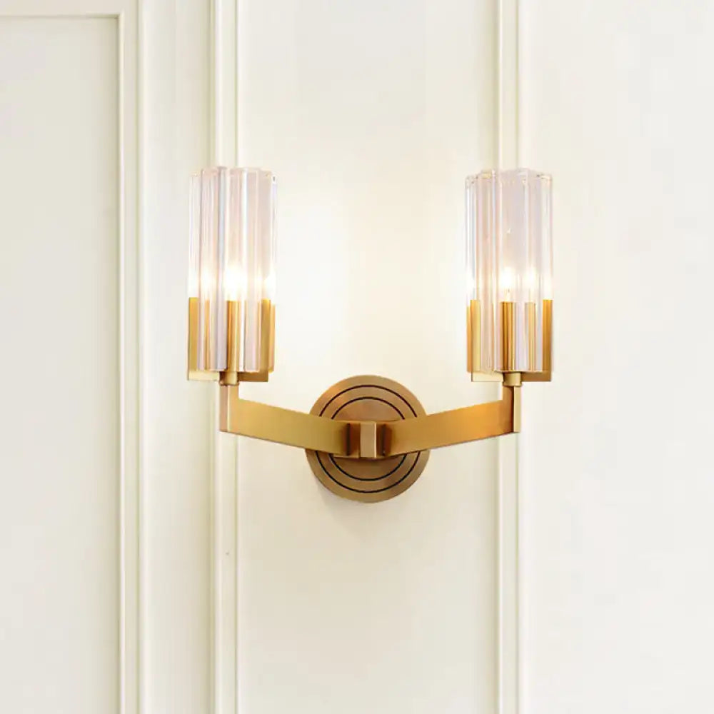 Retro brass ribbed glass wall lamp living room sconce