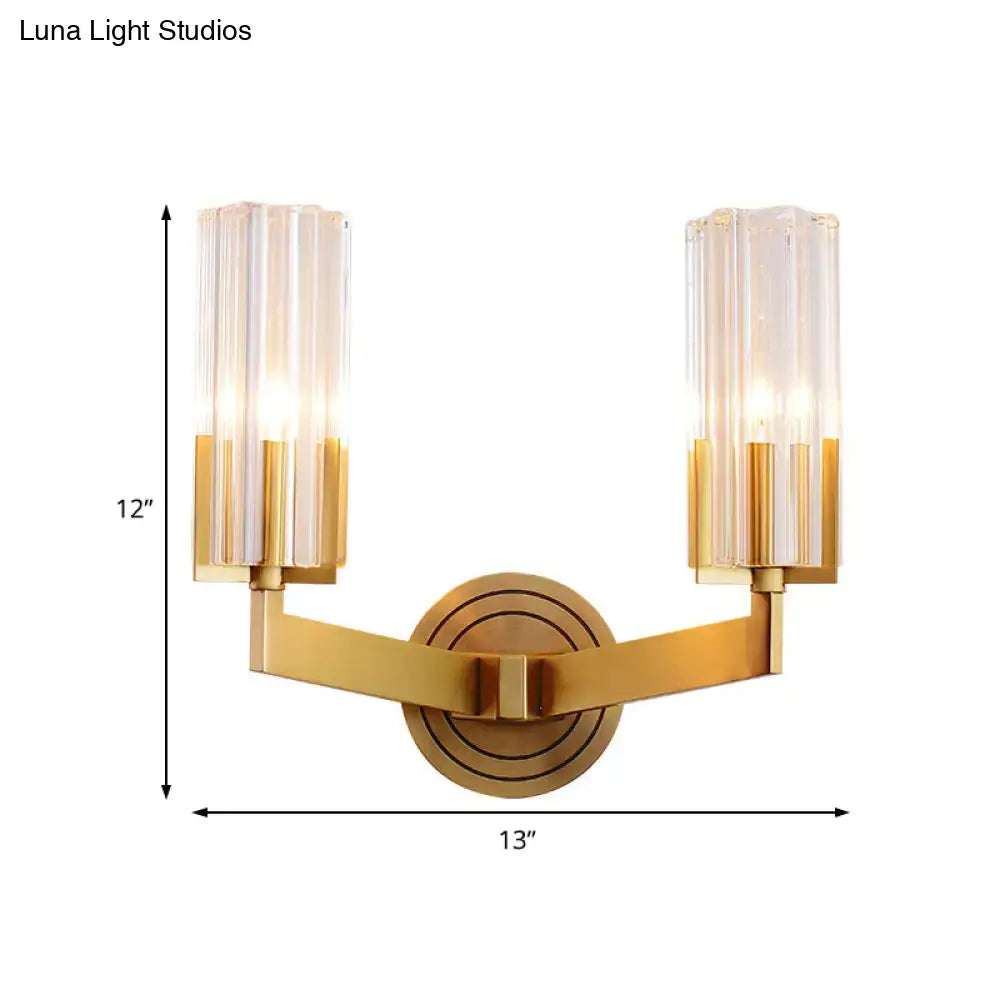 Retro brass ribbed glass wall lamp living room sconce