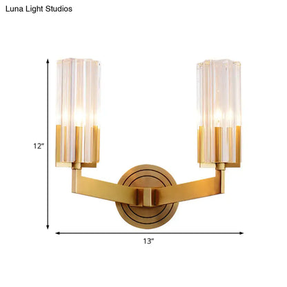 Retro brass ribbed glass wall lamp living room sconce