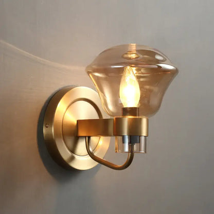 Retro brass smoke gray & amber glass wall light fixture bedroom sconce