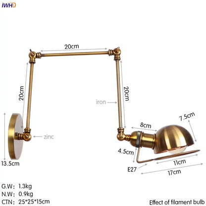Retro brass swing arm wall sconce bedroom adjustable light fixture
