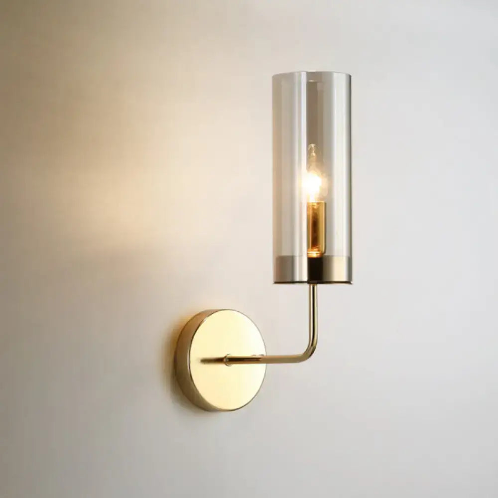 Retro brass wall mount lamp with smoked glass shade – living room