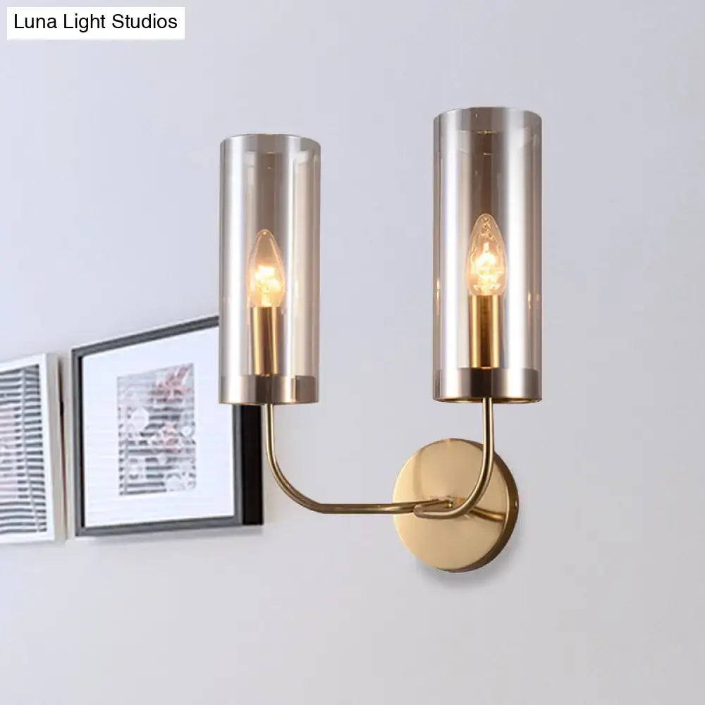Retro brass wall mount lamp with smoked glass shade – living room