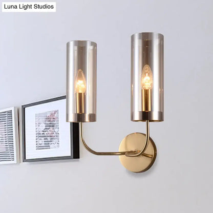 Retro brass wall mount lamp with smoked glass shade – living room
