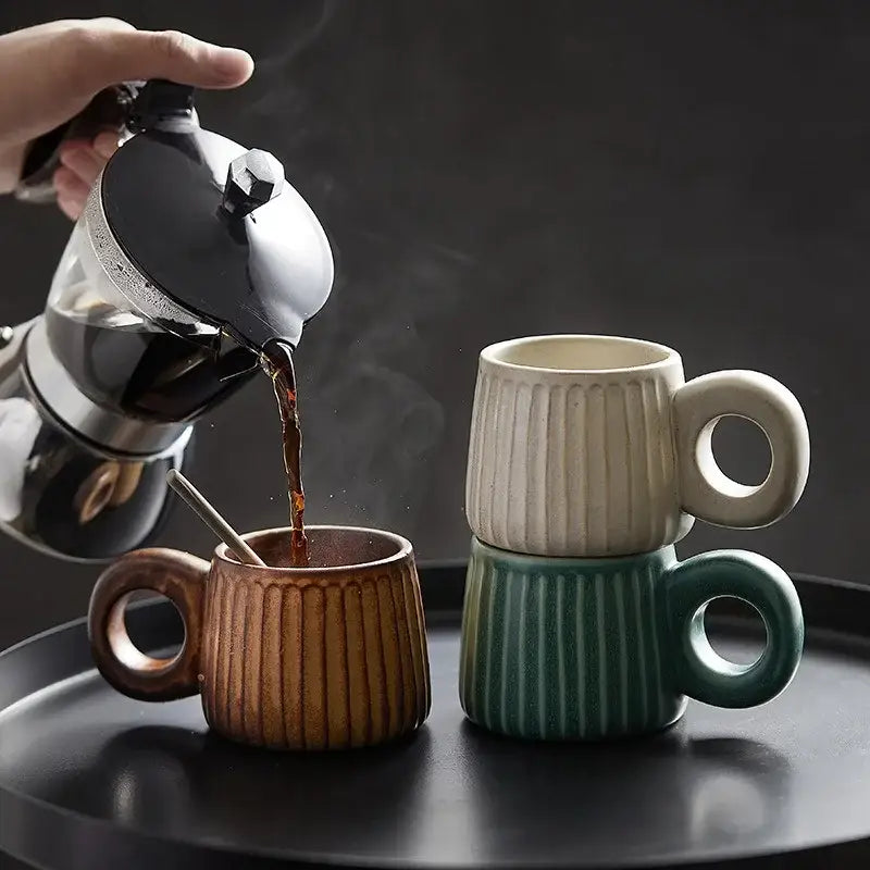 Retro brown ridged ceramic mug kitchen coffee cup with ring handle