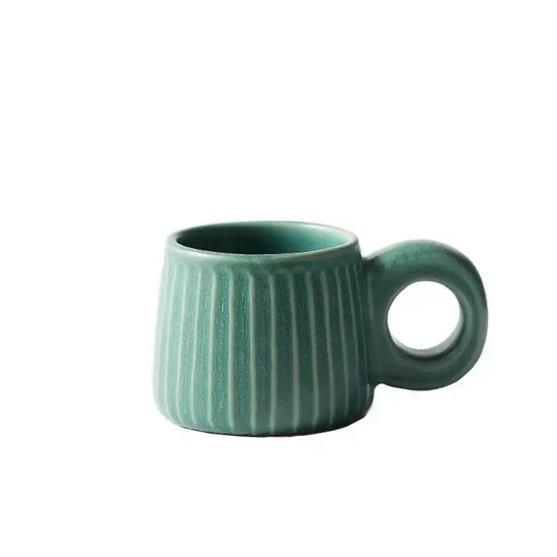 Retro brown ridged ceramic mug kitchen coffee cup with ring handle