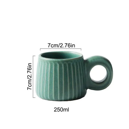 Retro brown ridged ceramic mug kitchen coffee cup with ring handle