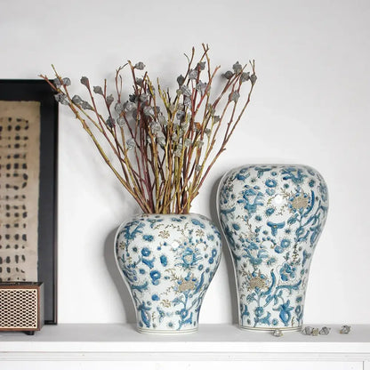 Retro chinese blue & white porcelain ceramic vase set living room