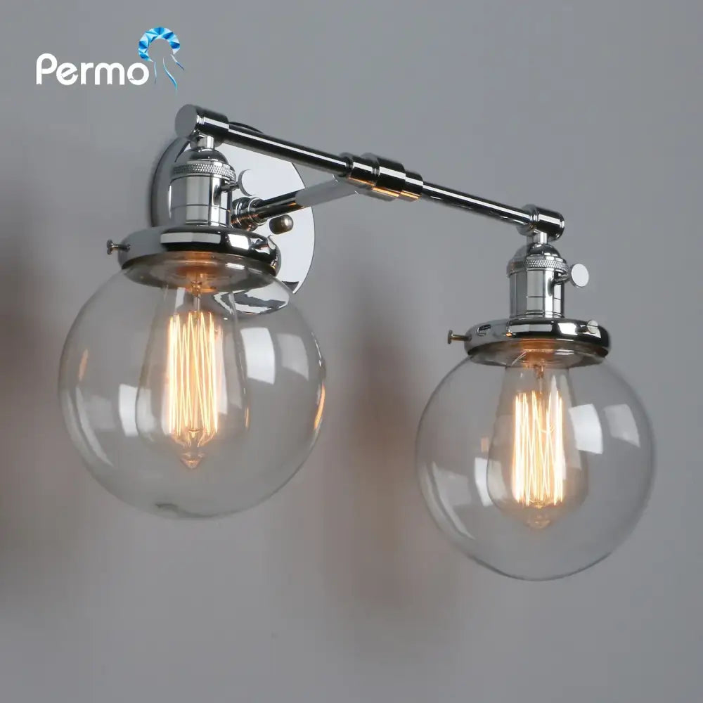 Retro chrome double glass ball globe wall light bedroom sconce