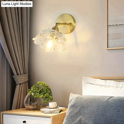 Retro copper flower brass wall sconce bedroom fluted glass light