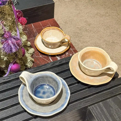 Retro crackled blue kiln porcelain cup and saucer dining room set