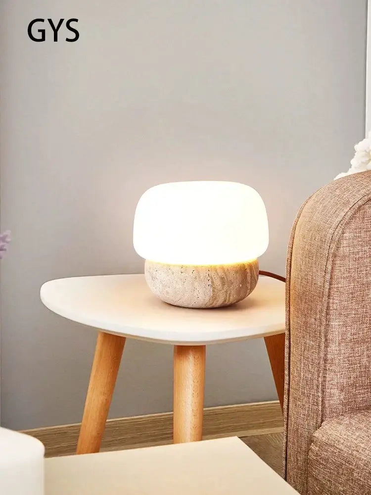 Retro cream mushroom table lamp – bedroom textured stone light