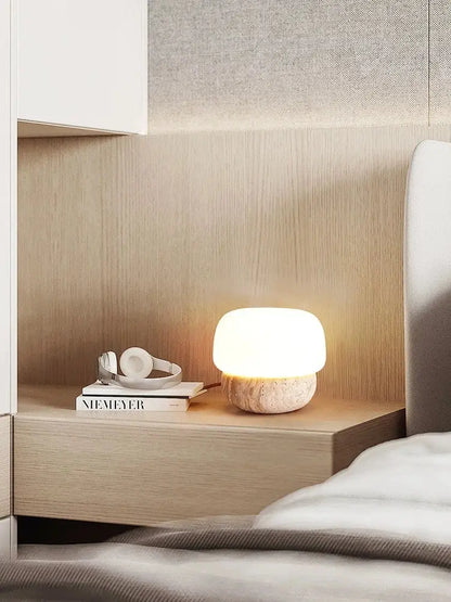 Retro cream mushroom table lamp – bedroom textured stone light