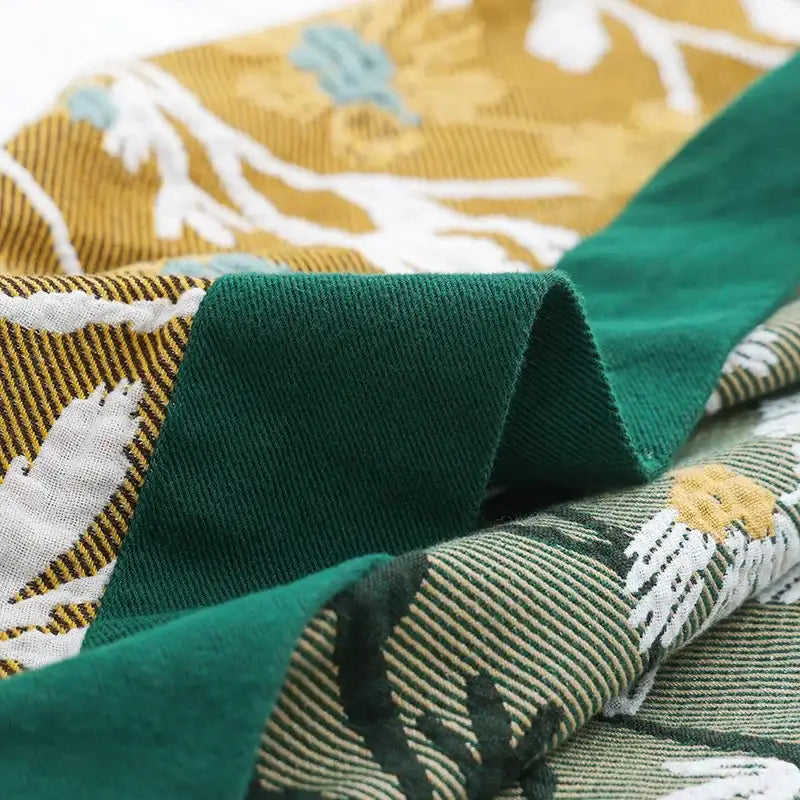 Retro daisy olive & teal cotton throw blanket living room quilt