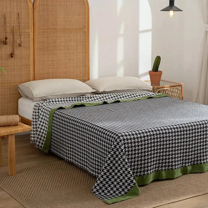 Retro daisy olive & teal cotton throw blanket living room quilt