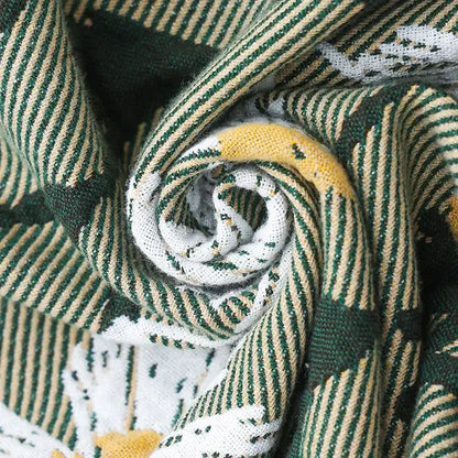 Retro daisy olive & teal cotton throw blanket living room quilt